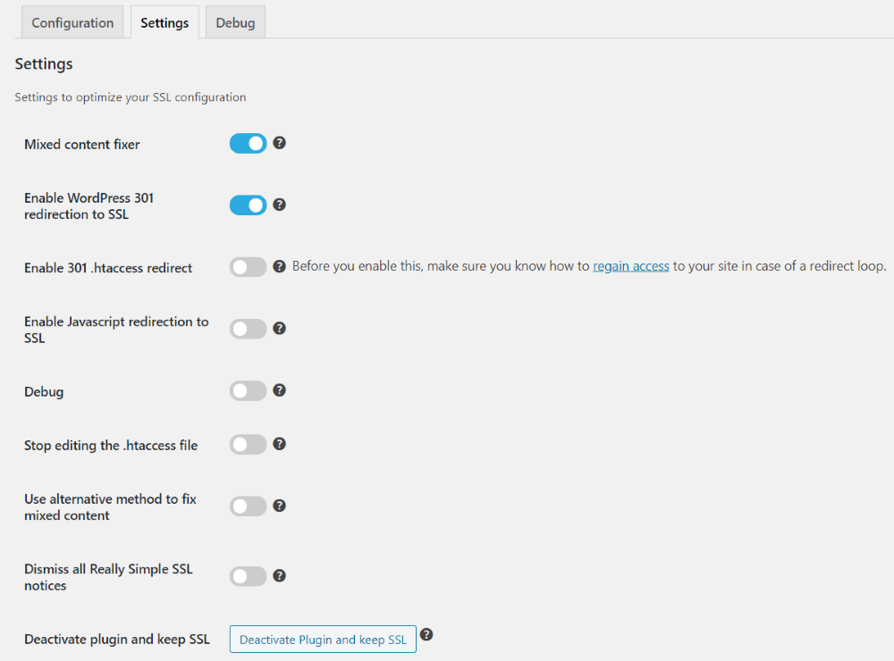 Really Simple SSL plugin settings tab