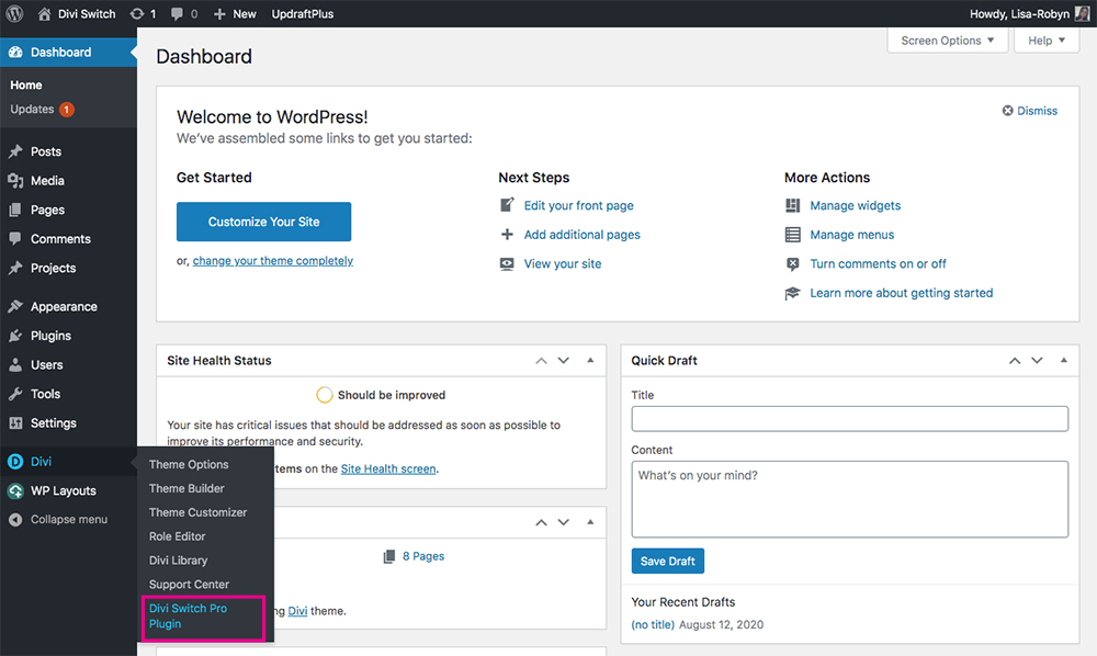 View of the WordPress Dashboard with the Divi Switch plugin menu highlighted