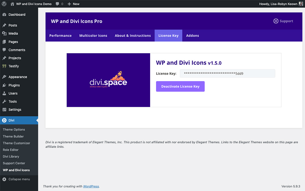 WP and Divi Icons Pro plugin license key tab